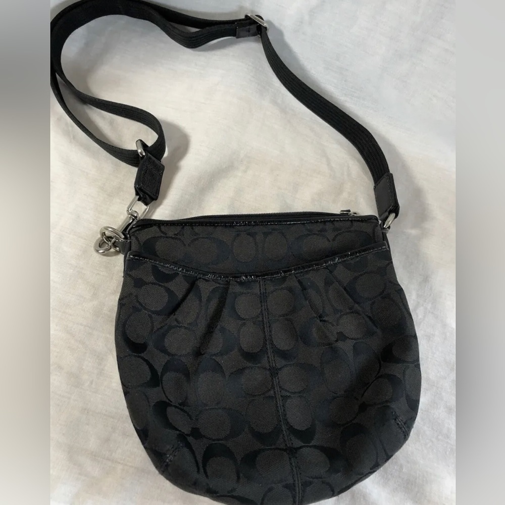 Coach Small Bag Jacquard Logo Fabric Black Brown Adjustable Strap 8 x 8 x 1.5"